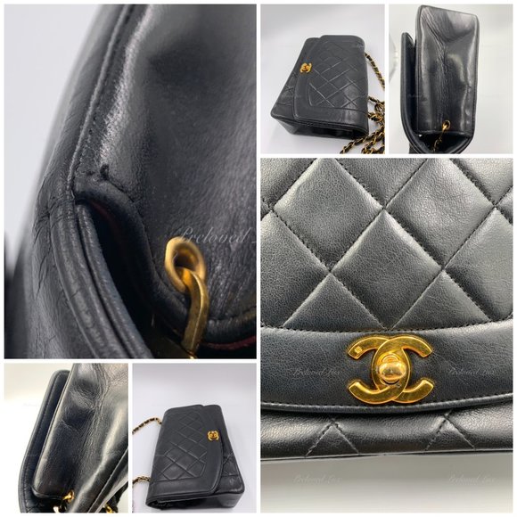 Authentic CHANEL Lambskin Medium Diana Single Chain Single Flap Bag Black gold h - Picture 6 of 12
